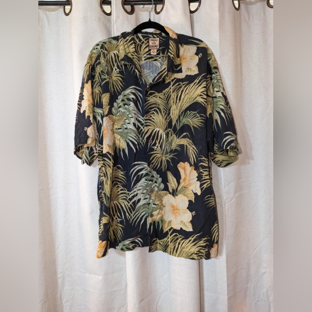Tommy Bahama 100% Silk XL Button Down Tropical Shirt Woodlook Buttons